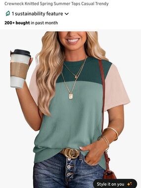 Colorblock Ribbed Short Sleeve Tee - Green & Blush